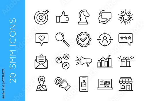 SMM icons. Set of 20 trendy minimal icons for social media marketing. Like button, speech bubbles, push buttons, notification icons. Vector illustration