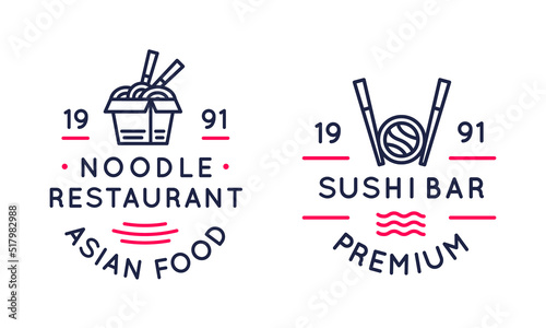 Logos of Asian food. Trendy logo for Asian noodle restaurants and sushi bars. Icons with chopsticks, sushi roll and box with noodles. Vector illustration