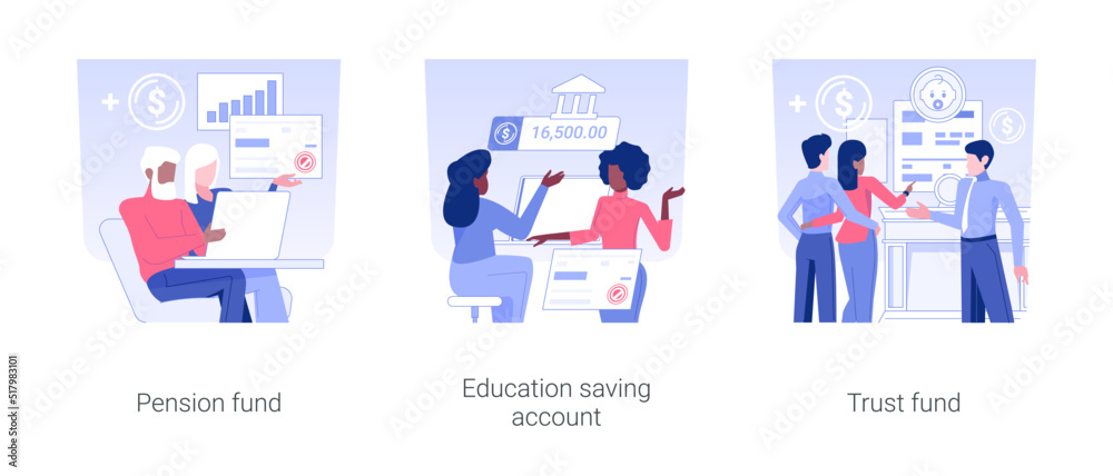 Fototapeta premium Investments in future isolated concept vector illustration set. Pension fund, education saving account, trust fund, financial literacy, family wealth, saving account for child vector cartoon.