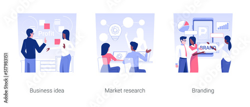 Startup launch isolated concept vector illustration set. Business idea, market research, create brand and trademark, startup investment strategy and funding, analyzing competitors vector cartoon.
