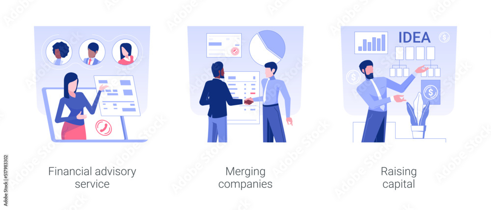 Investment bank isolated concept vector illustration set. Financial advisory service, merging companies, raising capital, financial advisor, money investment, successful deal vector cartoon.