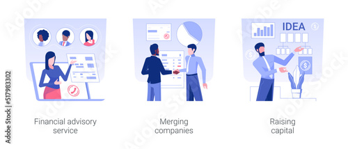 Investment bank isolated concept vector illustration set. Financial advisory service, merging companies, raising capital, financial advisor, money investment, successful deal vector cartoon.