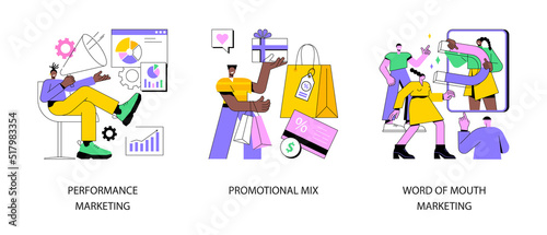 Promotion strategy abstract concept vector illustration set. Performance advertising campaign, promotional mix, word of mouth marketing, referral sales, brand loyalty, referral sale abstract metaphor.