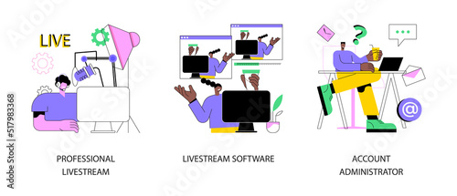Online live event abstract concept vector illustration set. Professional livestream, software and account administrator, broadcasting service, stream manager, go live in real-time abstract metaphor. © Vector Juice