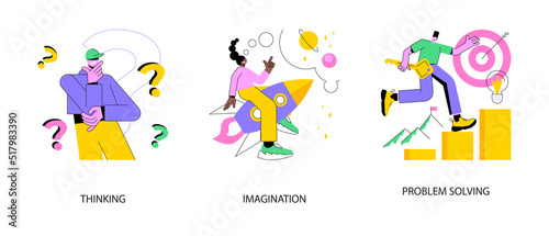Brain activity abstract concept vector illustration set. Thinking and imagination, problem solving, brainstorming, idea and fantasy, motivation and inspiration, find solution abstract metaphor.