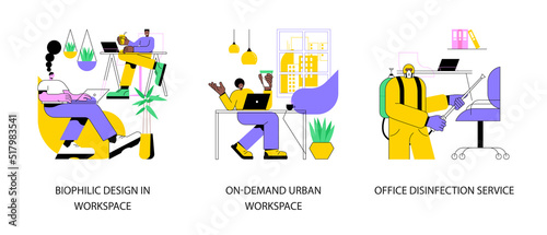Working conditions abstract concept vector illustration set. Biophilic design in workspace, on-demand urban workplace, office disinfection service, employee safety, nature abstract metaphor.