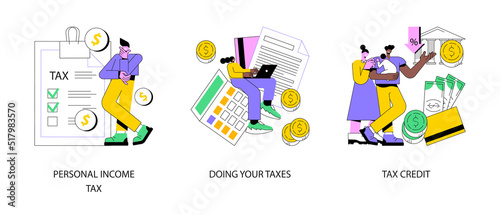 Years tax bill abstract concept vector illustration set. Personal income taxation and tax credit, online IRS form, bank account, budget planning calculator, bill payment abstract metaphor.