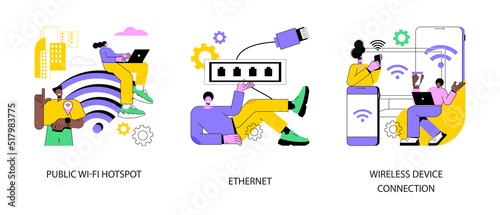 Data transfer abstract concept vector illustration set. Public wi-fi hotspot, ethernet technology, wireless device connection, web infrastructure, computer network, hot spot abstract metaphor.