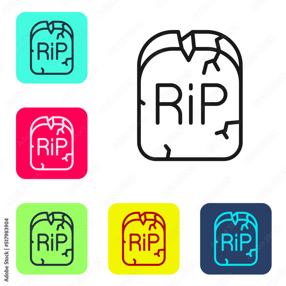 Black line Tombstone with RIP written on it icon isolated on white background. Grave icon. Happy Halloween party. Set icons in color square buttons. Vector