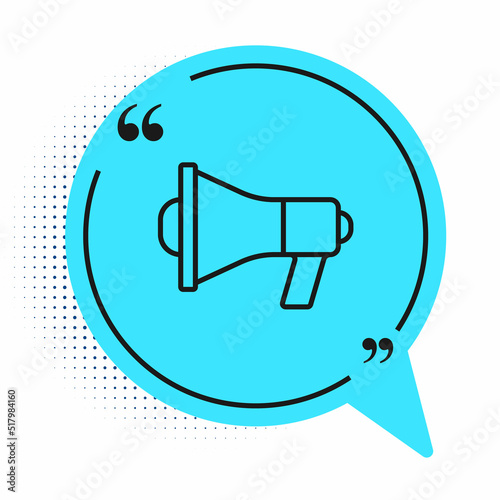 Black line Megaphone icon isolated on white background. Speaker sign. Blue speech bubble symbol. Vector photo