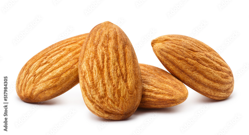 Close-up of delicious almonds, isolated on white background Close-up of delicious almonds, isolated on white background