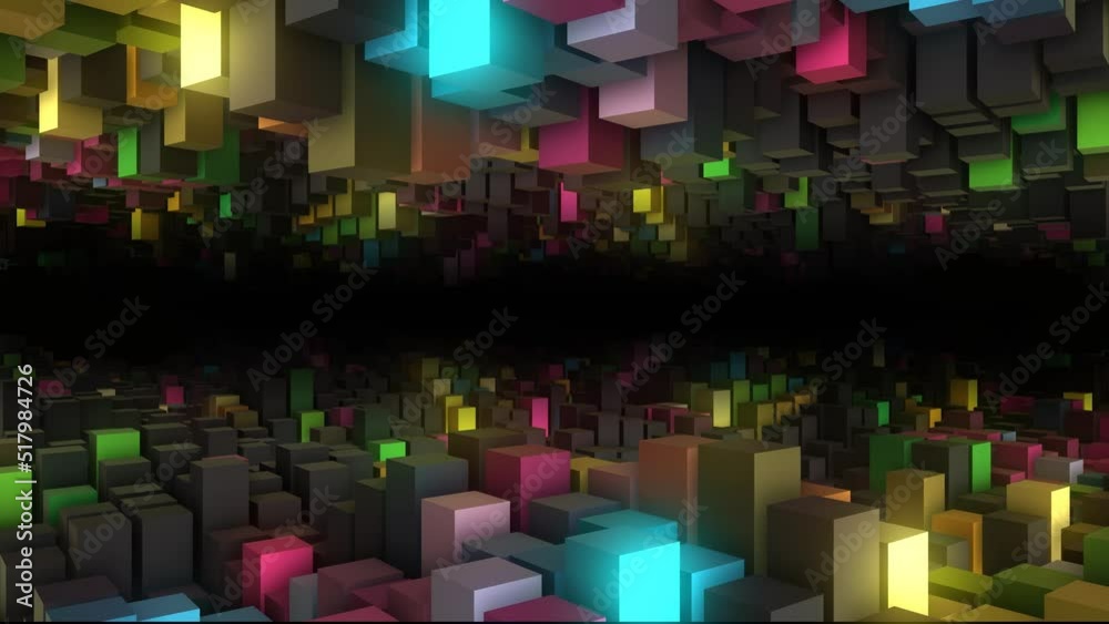 Animated neon rainbow background logo frame. 3d rendering. Randomly moving surface of rectangles with illumination. Minecraft. Screensaver for games, presentations, business, intro. 4k
