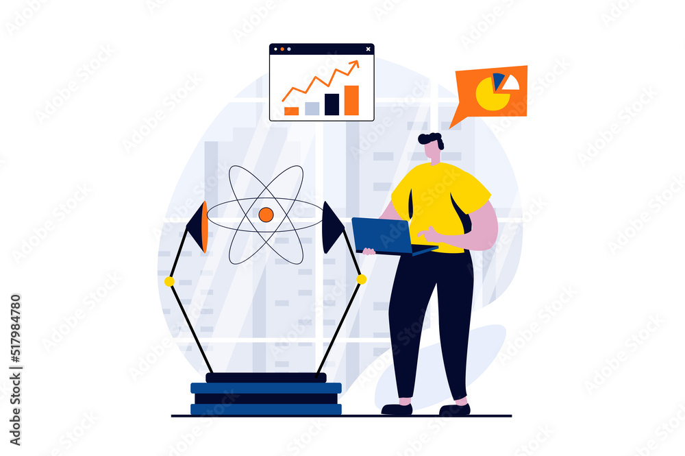 Data science concept with people scene in flat cartoon design. Scientist works with databases, analyzes graphs and makes physics experiment in laboratory. Vector illustration visual story for web