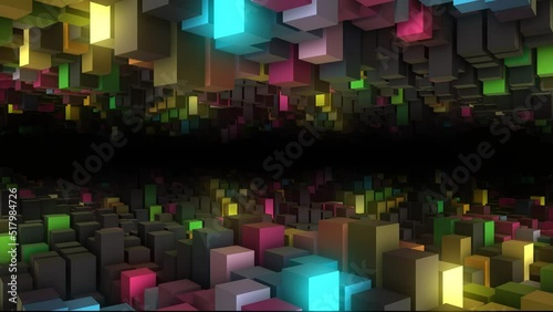 Animated neon rainbow background logo frame. 3d rendering. Randomly moving surface of rectangles with illumination. Minecraft. Screensaver for games, presentations, business, intro. 4k