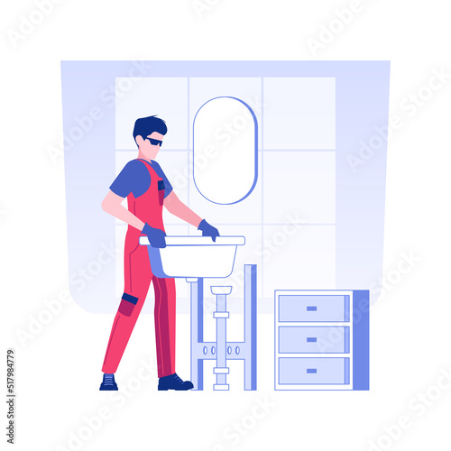 Sinks and toilets installation isolated concept vector illustration. Plumber installs a sink in a new apartment, rough interior works, private house building service vector concept.