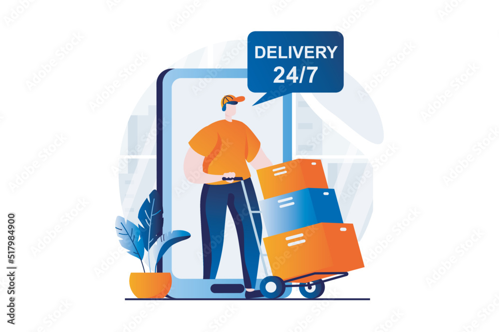 Delivery service concept with people scene in flat cartoon design. Male courier delivers parcels in 24-hour service of shipping and working in warehouse. Vector illustration visual story for web