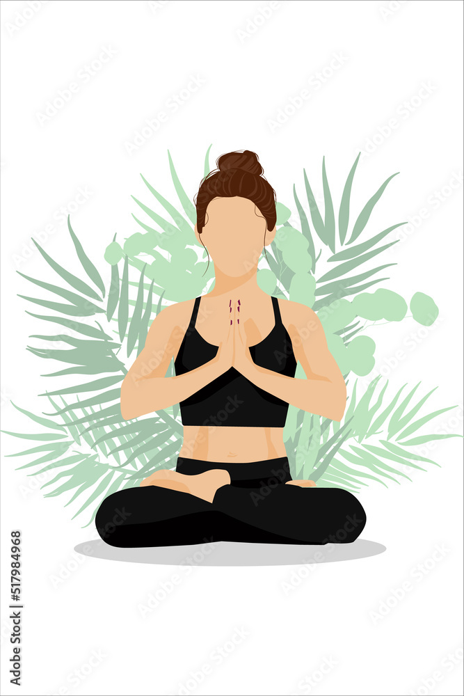 The girl sits in a lotus position with a floral abstract background. Beautiful poster with yogini. Vector illustration