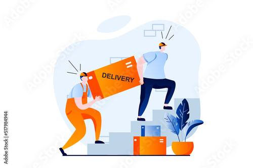 Delivery service concept with people scene in flat cartoon design. Team of movers carries large box to client door flat and lifts parcels to floors of house. Vector illustration visual story for web