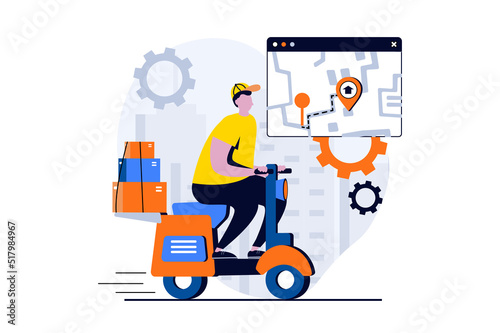 Delivery service concept with people scene in flat cartoon design. Male courier rides motorcycle and carries parcels with order tracking in mobile app on map. Vector illustration visual story for web