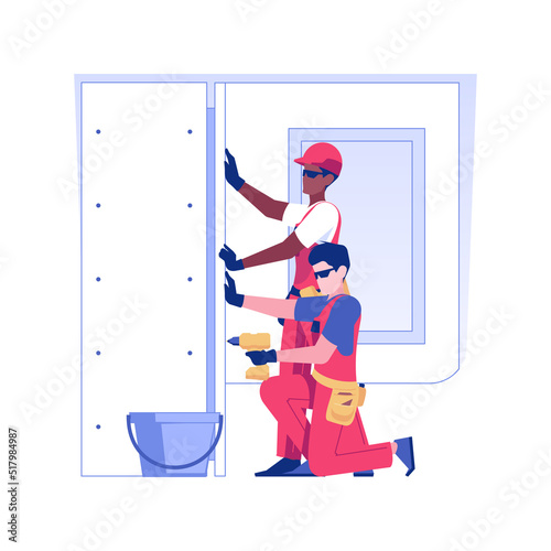 Drywall hanging isolated concept vector illustration. Group of professional builders hanging a drywall, residential area construction, renovation process, contractors job vector concept.