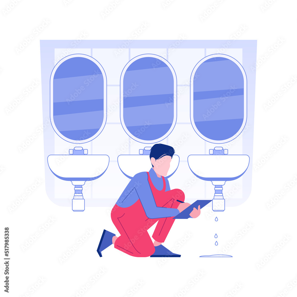 Plumbing inspection isolated concept vector illustration. Inspector in uniform examines plumbing system at a commercial construction site, building inspection services vector concept.