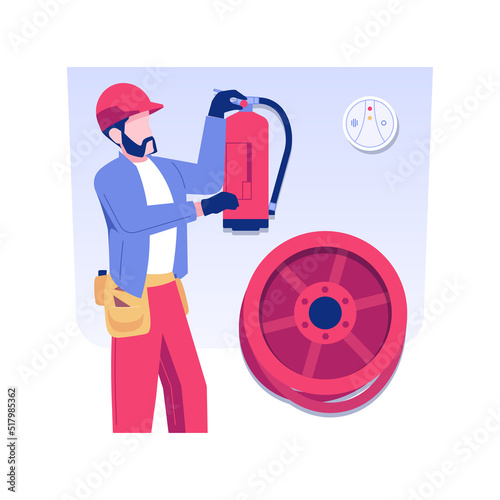 Fire inspection isolated concept vector illustration. Professional building inspector checks fire safety systems, commercial construction site, examine an extinguisher vector concept.