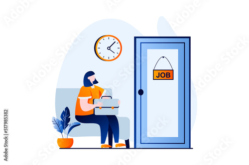 Employee hiring process concept with people scene in flat cartoon design. Woman applicant for new open vacancy sits and waits for interview with HR manager. Vector illustration visual story for web