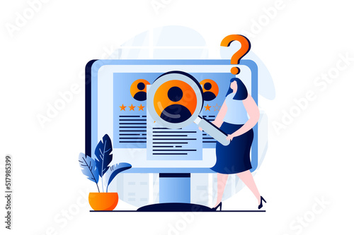 Employee hiring process concept with people scene in flat cartoon design. HR manager looks online resume and choosing best candidate for company staff. Vector illustration visual story for web