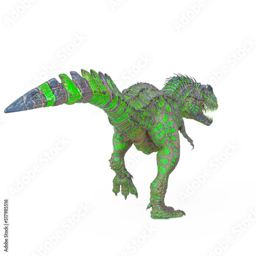 dinosaur monster is walking way on white background rear view