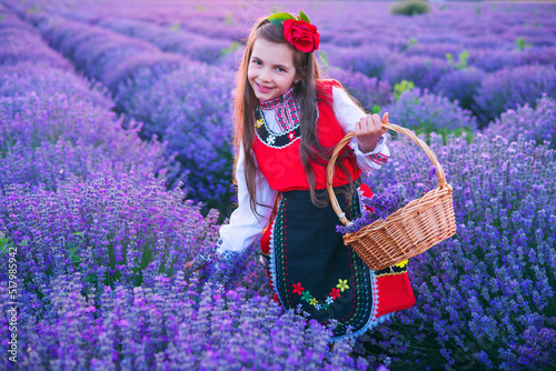 Bulgarian woman in traditional folklore costume picking lavender in basket during sunset. Young girl in a field.  photo