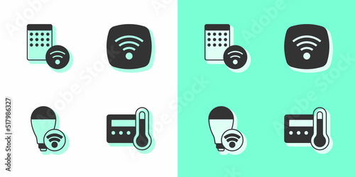Set Thermostat, Air humidifier, Smart light bulb and Wi-Fi wireless internet network icon. Vector