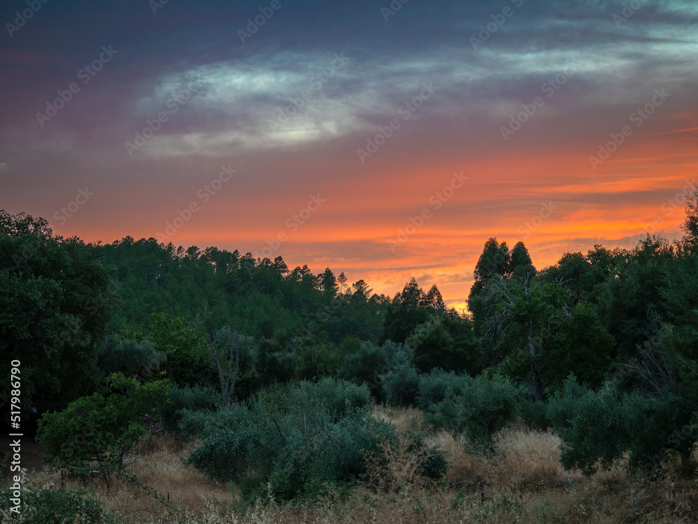 Paisaje rural de Extremadura con cielo naranja al atardecer