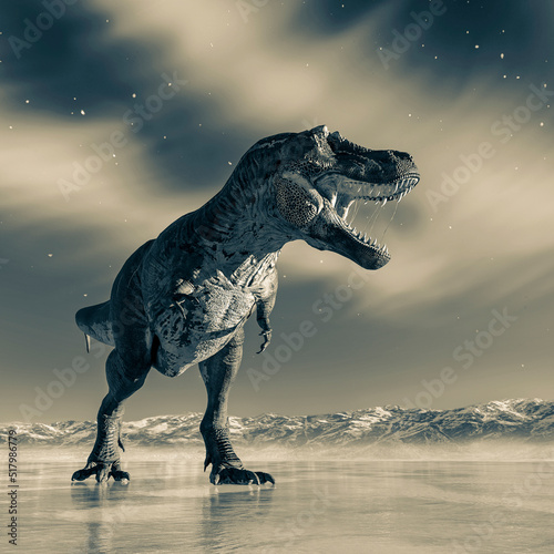 tyrannosaurus rex is walking around on ice age