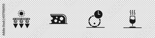 Set Drying grapes, Cheese, Wooden barrel for wine and Wine tasting, degustation icon. Vector