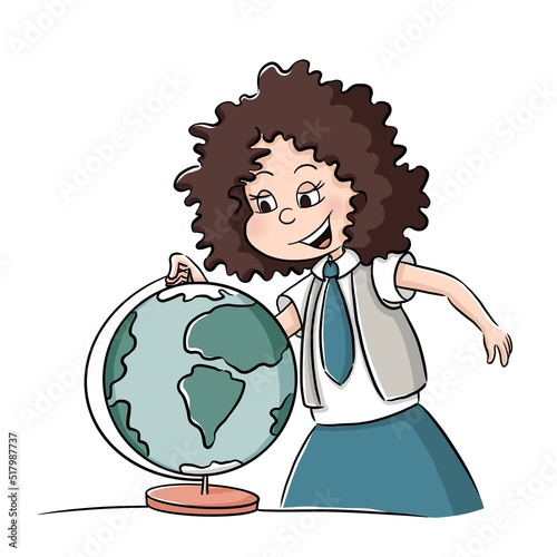 Happy girl in school uniform with globe. Subject collection - geography. School supplies. Back to school. Set of cute illustration for product design in cartoon style