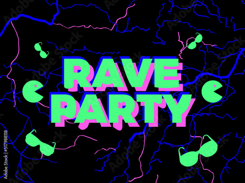 Rave psychedelic, acid trip. Rave party energy, text with energy lightning. Design for posters, banners and promotional products. Vector illustration