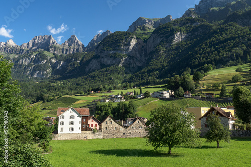 View of Walenstadt in Switzerland  with its surrounding majestic peaks  full of its green meadows  vineyards and trees  on a sunny day with blue sky