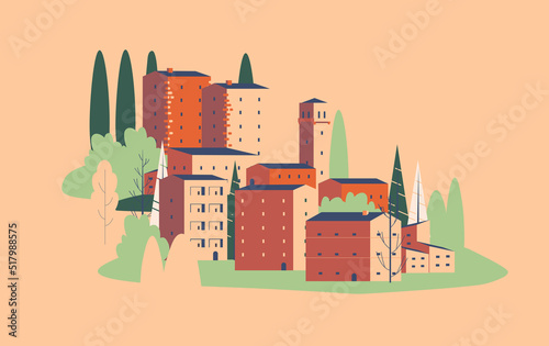 Building city schema vector illustration minimal geometric flat style infographic  warm color