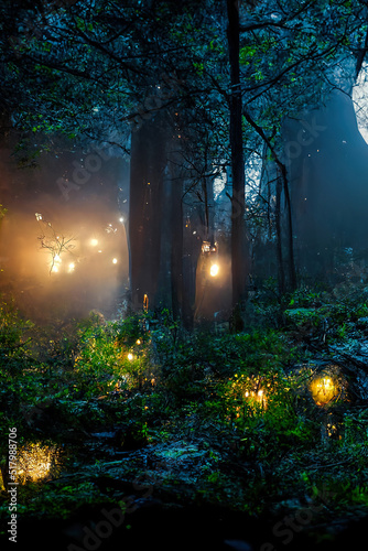 Dark fairytale fantasy forest. Night forest landscape with magical glows. Abstract forest, magic, fantasy, night, lights, neon. 3D illustration.