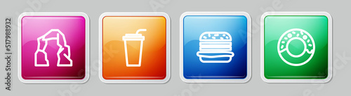 Set line Grand canyon, Paper glass with straw, Burger and Donut. Colorful square button. Vector