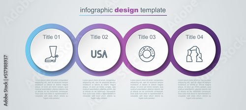 Set line Cowboy boot, USA label, Donut and Grand canyon. Business infographic template. Vector