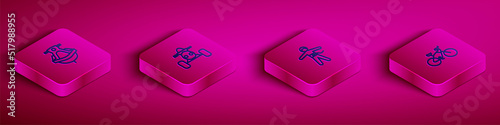 Set Isometric line Jet ski, ATV motorcycle, Bungee jumping and Bicycle icon. Vector