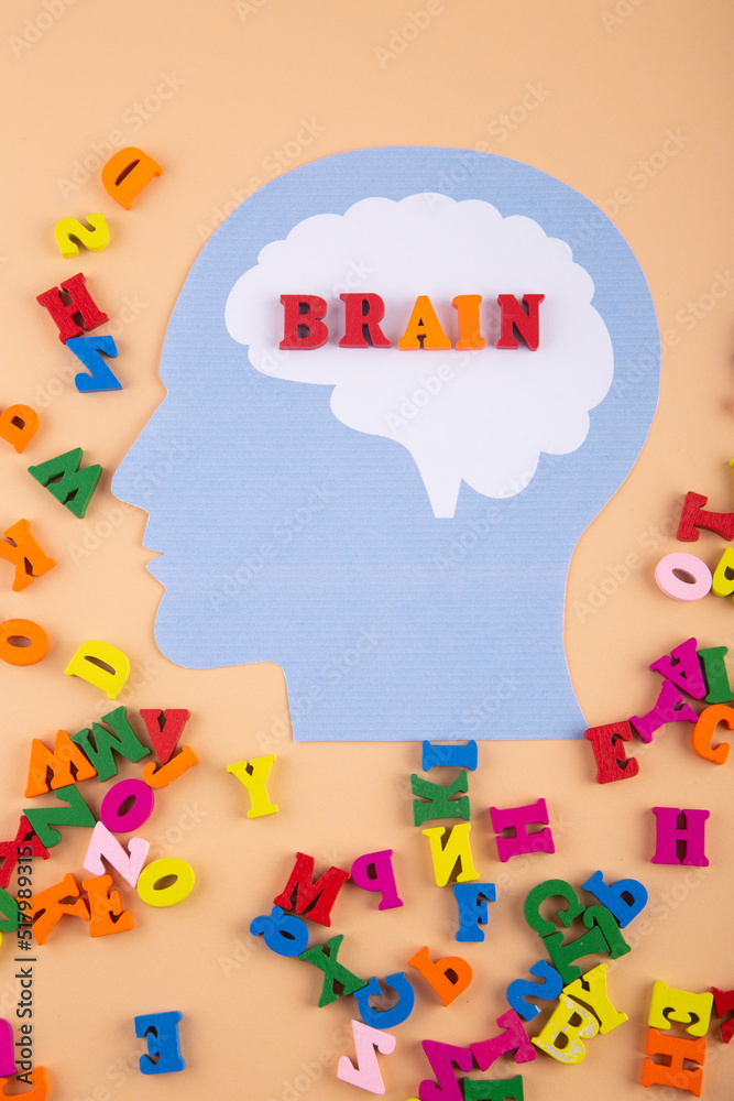 an anonymous person. Blue silhouette of a paper head with worfd Brain written by colorful wooden letters on light beige background. Vertical photo an anonymous person. Blue silhouette of a paper head with worfd Brain written by colorful wooden letters on light beige background. Vertical photo