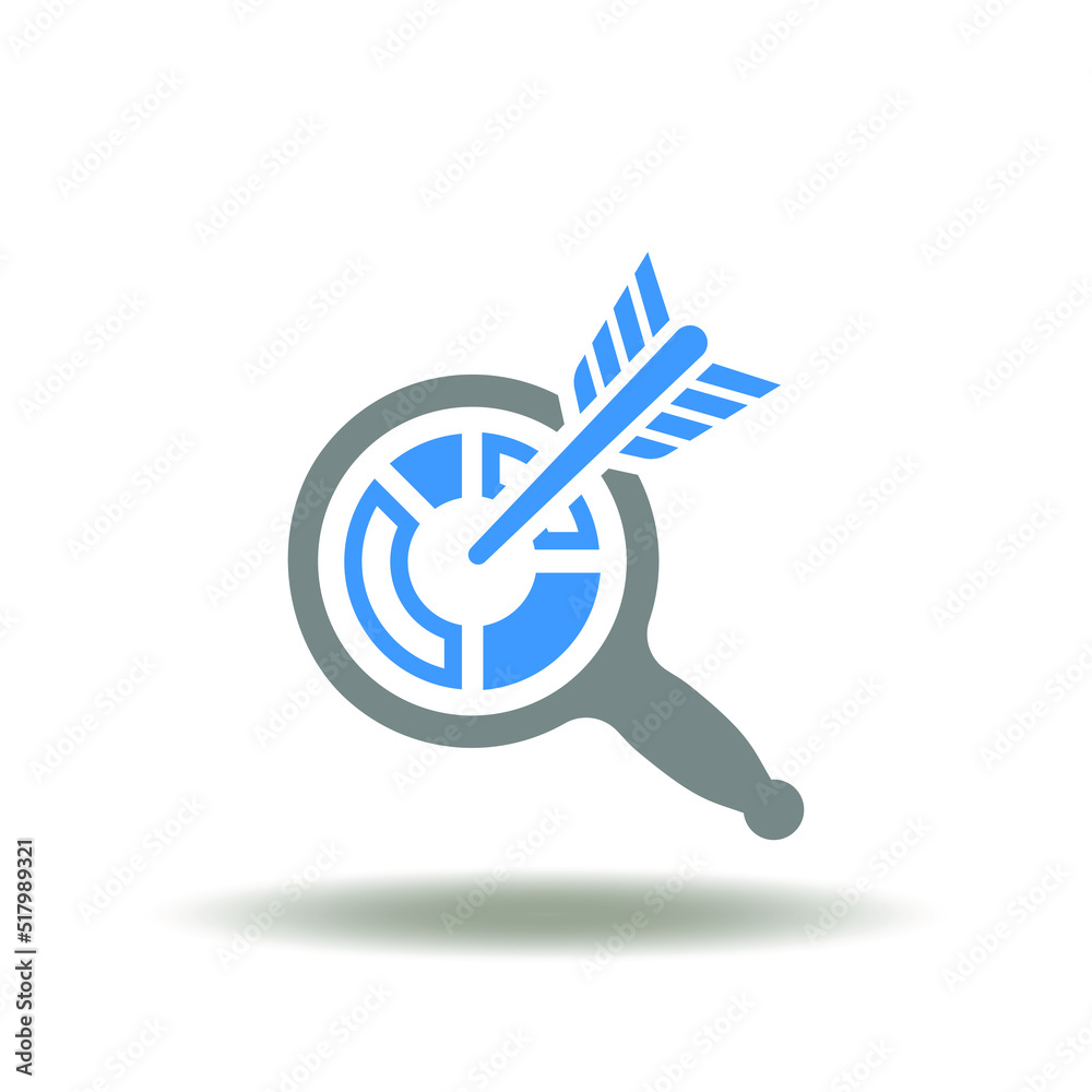 Vector illustration of lens with diagram and bow arrow. Symbol of business datum analysis, goals and achievement. Icon of report analyze, research. Vector illustration of lens with diagram and bow arrow. Symbol of business datum analysis, goals and achievement. Icon of report analyze, research.