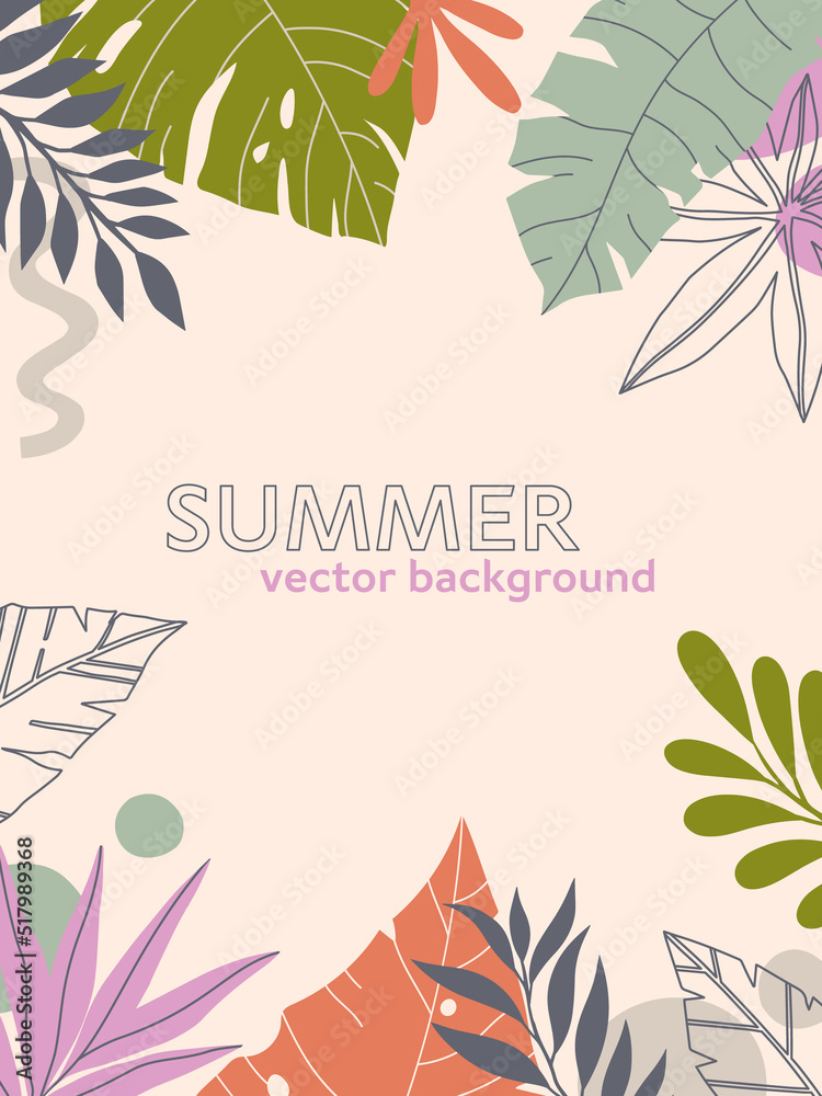 Summer vector illustration in trendy flat style with copy space for text.Abstract background with tropical leaves,plants.Tropical banner for covers,social media,posters,prints.Cover design template.