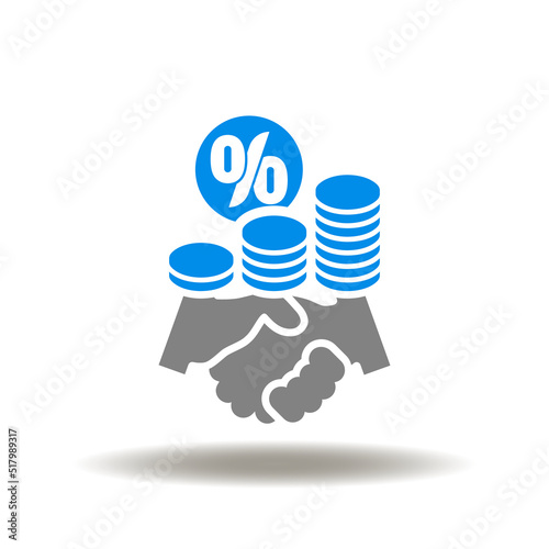 Vector illustration of handshake with growing coins pile and percent sign. Icon of P2P Peer to Peer. Symbol of tax or fees agreement.