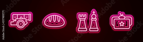 Set line Cannon, Bread loaf, Chess and Ushanka. Glowing neon icon. Vector