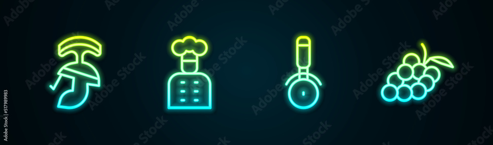Set line Roman army helmet, Italian cook, Pizza knife and Grape fruit. Glowing neon icon. Vector