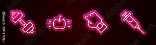 Set line Dumbbell, Apple, Smart watch on hand and Doping syringe. Glowing neon icon. Vector
