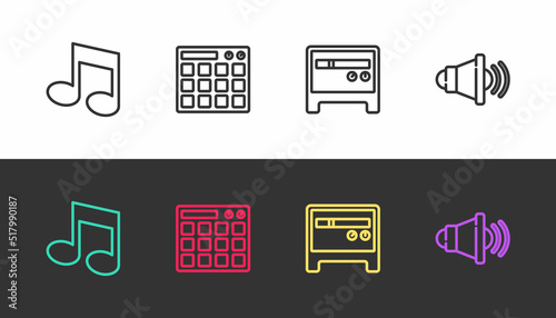 Set line Music note, tone, Drum machine, Guitar amplifier and Speaker volume on black and white. Vector
